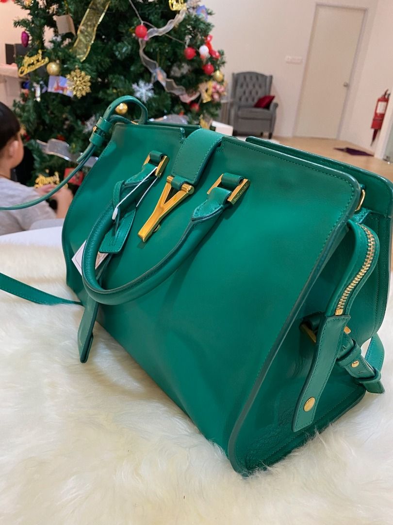 YSL SAINT LAURENT Green Leather Mini Ligne Y Small Cabas Chyc Satchel Handbag AUTHENTIC
