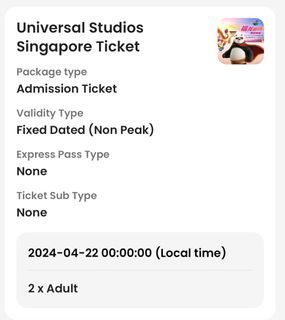 2 adult admission tickets for universal studios Singapore on April 22, 2024