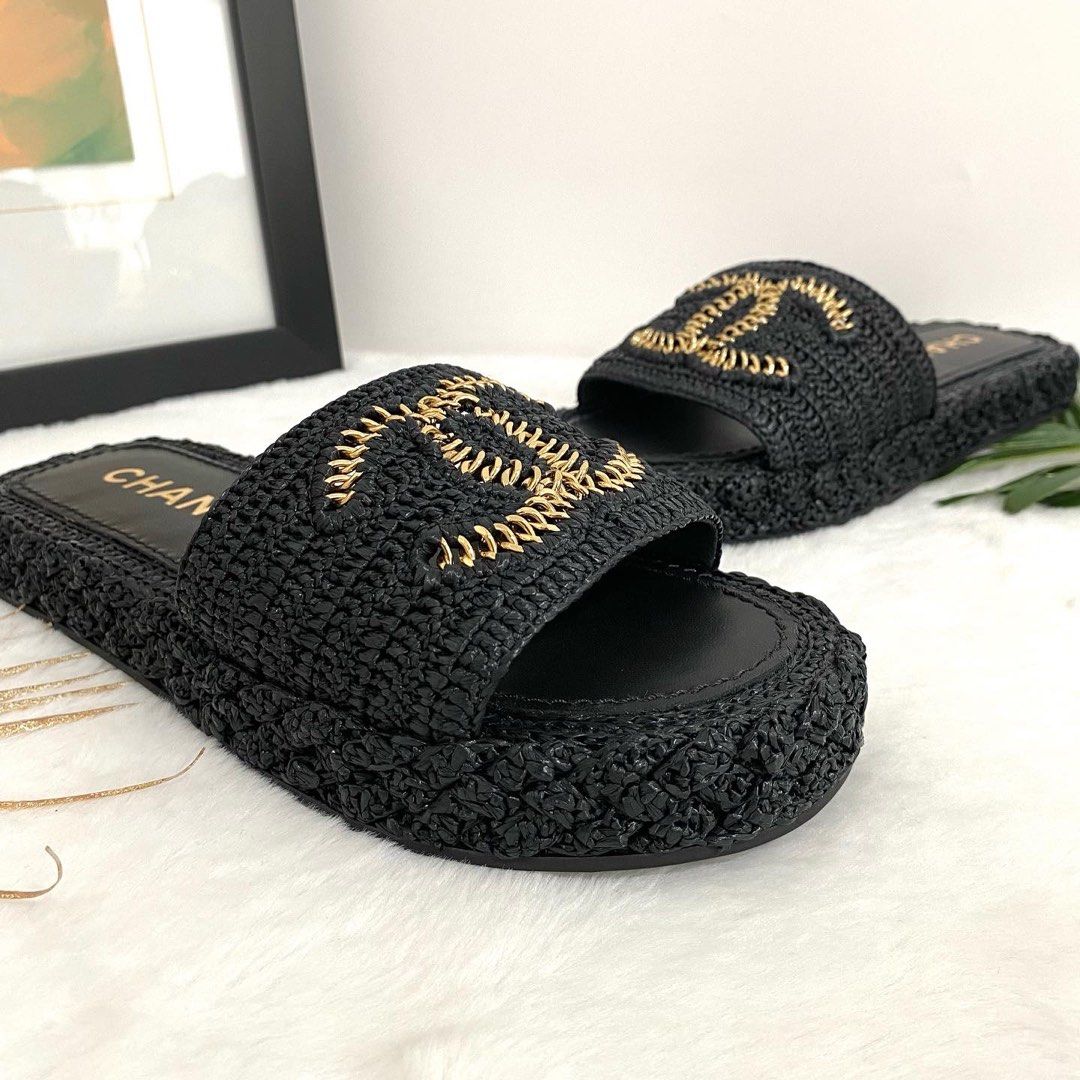 Chanel raffia hot sale slides