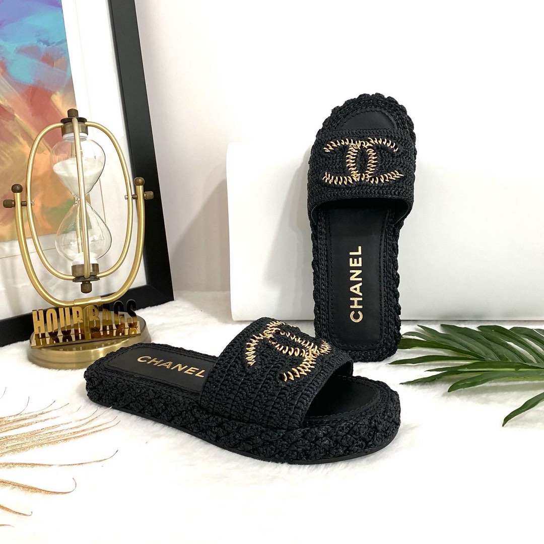 Chanel raffia mules shop