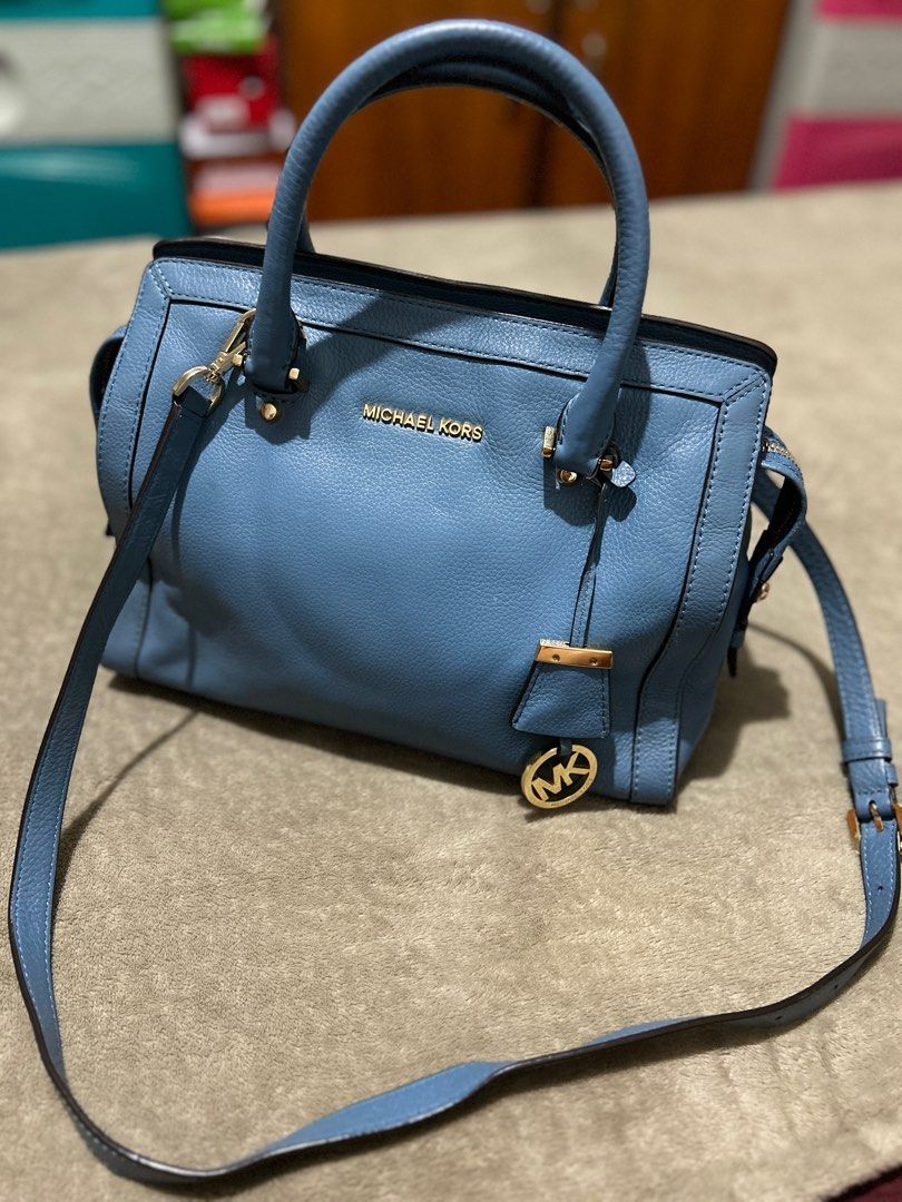 AUTHENTIC Michael Kors Collins Medium Blue Satchel Cornflower Pebbled Leather Satchel Bag Luxury Bags Wallets on Carousell