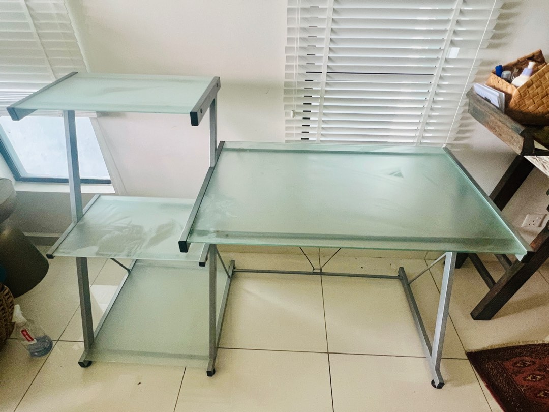 Beautiful tempered glass desk with attached 3-tier shelf, Furniture ...