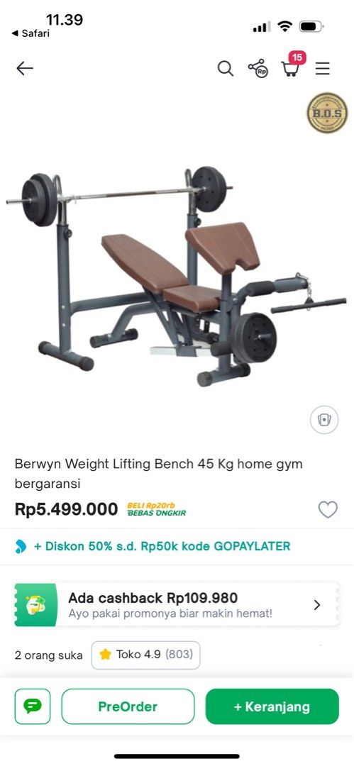 Berwyn weight lifting bench 45kg alat angkat beban