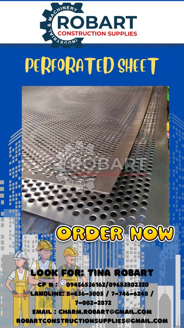 BI Perforated Sheet (Category: Construction & Building Materials) located in Manila. Submitted by tina.sales (Listing ID 1290652148, Image 1). Description: BI Perforated Sheet 4ft x 8ftx .5 thk. 1/4" hole size ₱1,490 SEND US MESSAGE FOR INQUIRIES ‼️‼️ ~~TINA ROBART~~ 0 9 4 5 6 5 3 6 1 6 2 0 9 6 8 3 8 0 2 3 2 0 LANDLINE: 8 6 3 6 3 0 0 5 / 7 7 4 6 6 2 4 8 / 7 0 0 2 2 8 7 2 EMAIL : c h a r m.r o b ar t @ g m a i l.c o m r o b a r t c o n s t r u c t