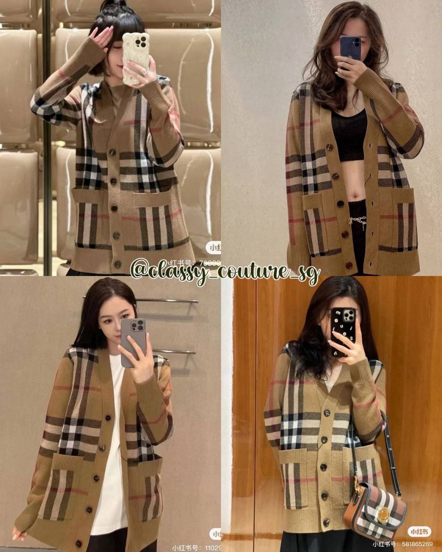Burberry Willah Check Wool Cashmere Cardigan in Birch Brown