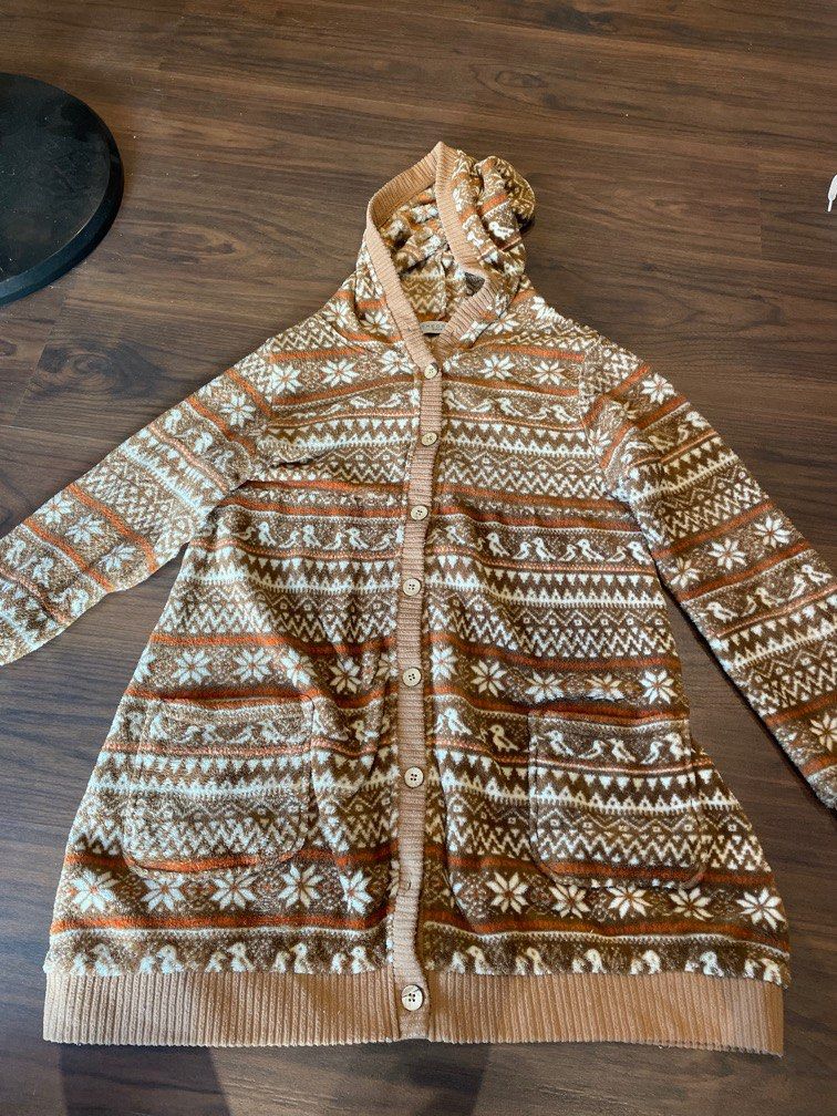 fleece jacket cardigan button down brown and white and orange snowflake detail Women s Fashion Coats Jackets and Outerwear on Carousell