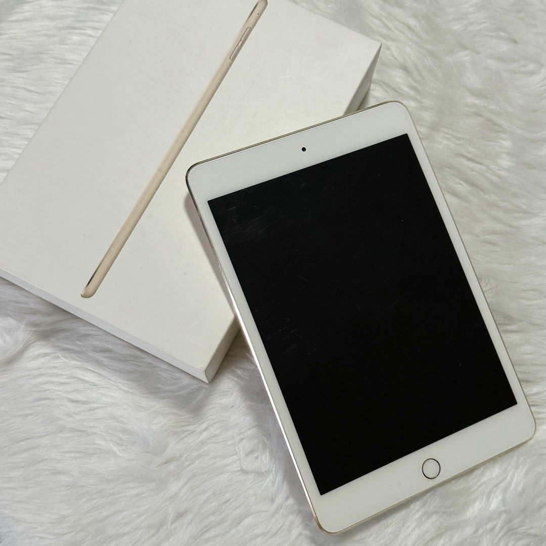 iPad Mini 4 / Wi-Fi / 128GB / Gold / With Box (Category: iPad) located in Manila. Submitted by adoptables4u (Listing ID 1290716363, Image 1). Description: Inclusions: + Box + USB Power Adapter + Manual + Apple Stickers - No USB Cable Screen protector lang yung gasgas Slightly bent (see photo) 86% battery health No issues.