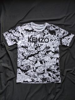 Kenzo Allover Cartoon-Print Short-Sleeve Logo T-Shirt, Black/White