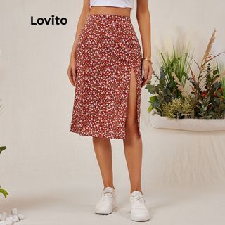 Lovito Casual Floral Split A-Line High Waist Midi Skirt  For Woman