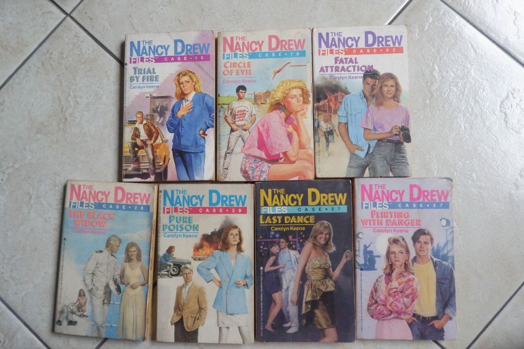 Nancy Drew Books (Category: Storybooks) located in Quezon City. Submitted by miletdeclutters (Listing ID 1290751192, Image 1). Description: PHP 180 EACH paperback, with foxing/tanning no writings/highlights Published by Archway Paperback Case 15: Trial by Fire Case 18: Circle of Evil (wrapped in plastic cover) Case 22: Fatal Attraction Case 28: The Black Widow (wrapped in plastic cover) Case 29: Pure Poison (wrapped in plastic cover) Case 37: Las