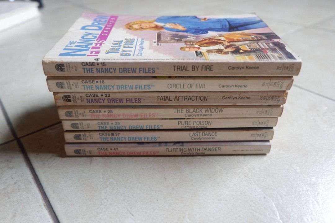 Nancy Drew Books (Category: Storybooks) located in Quezon City. Submitted by miletdeclutters (Listing ID 1290751192, Image 2). Description: PHP 180 EACH paperback, with foxing/tanning no writings/highlights Published by Archway Paperback Case 15: Trial by Fire Case 18: Circle of Evil (wrapped in plastic cover) Case 22: Fatal Attraction Case 28: The Black Widow (wrapped in plastic cover) Case 29: Pure Poison (wrapped in plastic cover) Case 37: Las