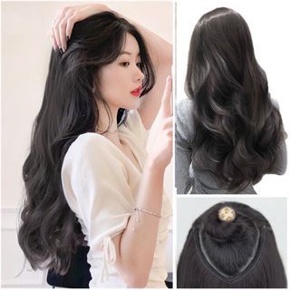 Natural Black Clip On Long Hair Wavy Curls Wig 45cm