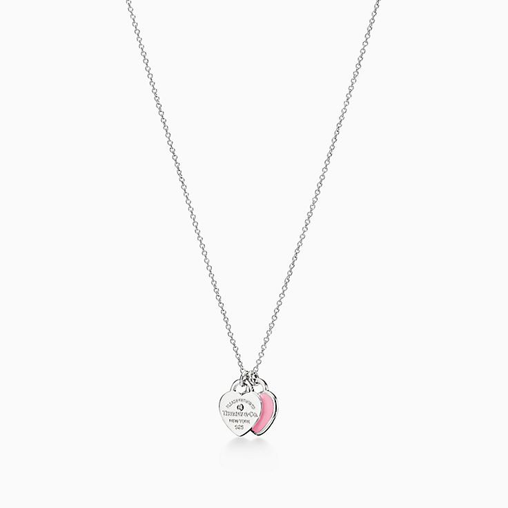TIFFANY & Co. Return to Mini Double Heart Pendant Necklace Enamel Pink  beige | eBay