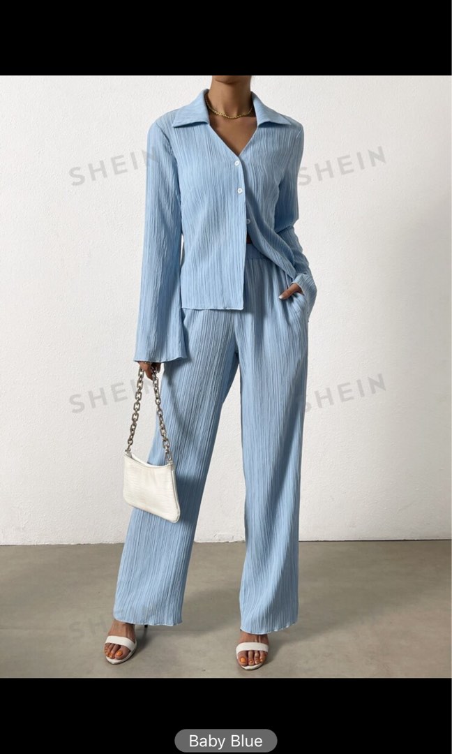 SHEIN Essnce Bell Sleeve Plisse Shirt & Wide Leg Pants, Women's