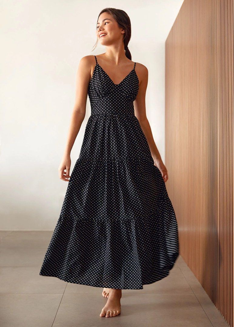 SIZE M Love Bonito Elienna Ruched Polka Dot Maxi Dress in Black