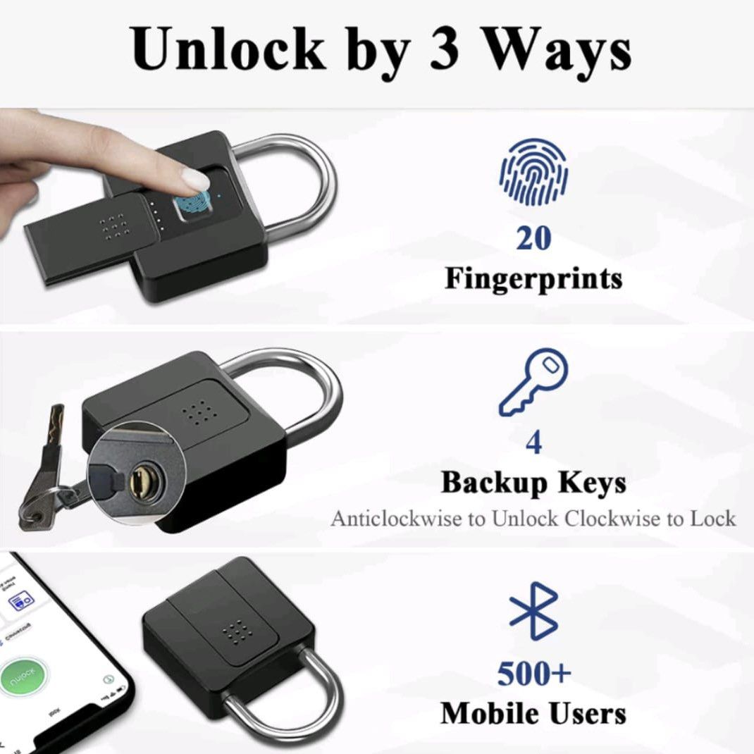 Unlockable Key Lock 3 in 1 Fingerprint App Key Smart Padlock | Fingerprint App Key ...