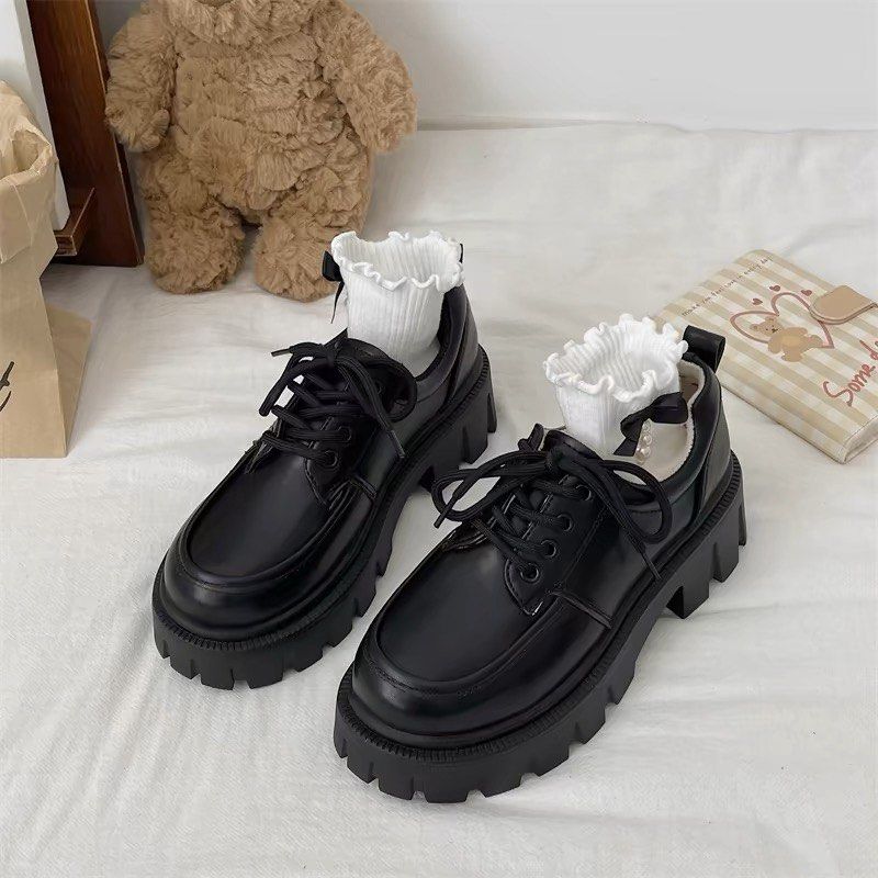 Black Chunky Lace Up Loafers, Women's Fashion, Footwear, Loafers