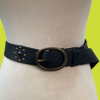 Black Studded Leather Belt with Brass Buckle