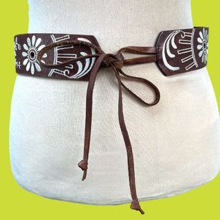 Boho Embroidered Brown Leather Belt