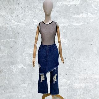 C303 - Tough Jeansmith Distressed Denim Jeans with Skirt Overlay