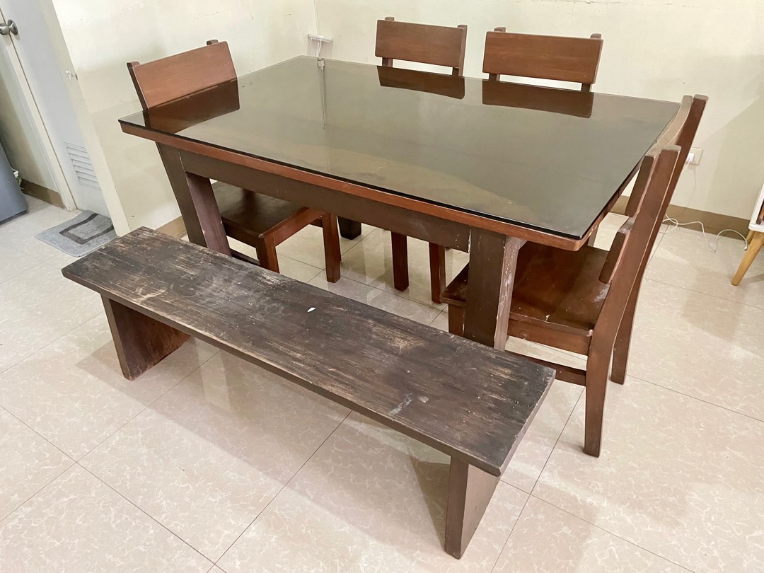DINING SET WITH THICK GLASS 6 SEATER IMUS CAVITE, Furniture & Home Living, Furniture, Tables