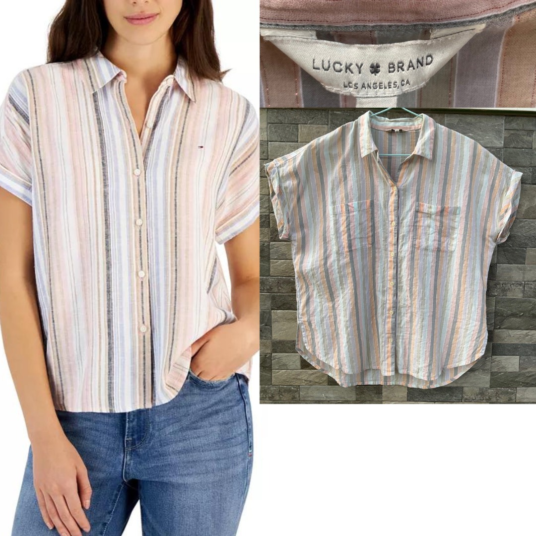Lucky Brand Los Angeles summer Striped Women's buttoned down blouse -  multicolor Cottonblend top - Size US Medium/6, Women's Fashion, Tops,  Blouses on Carousell