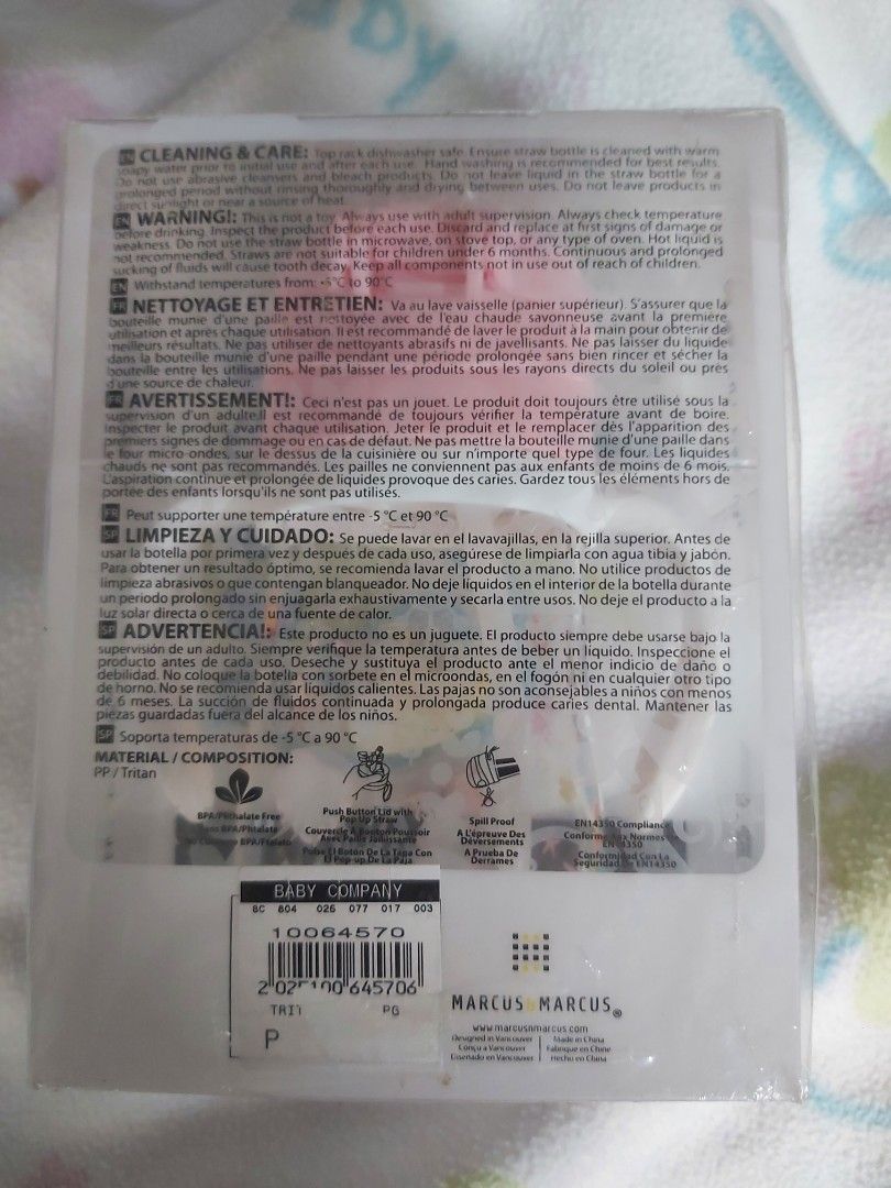 Marcus&Marcus Tritan straw bottle sippy cup 1 year and up (Category: Weaning & Toddler Feeding) located in Quezon City. Submitted by littlefonsy (Listing ID 1293929744, Image 2). Description: Marcus&Marcus straw bottle pink color. Still in the box. Never used..