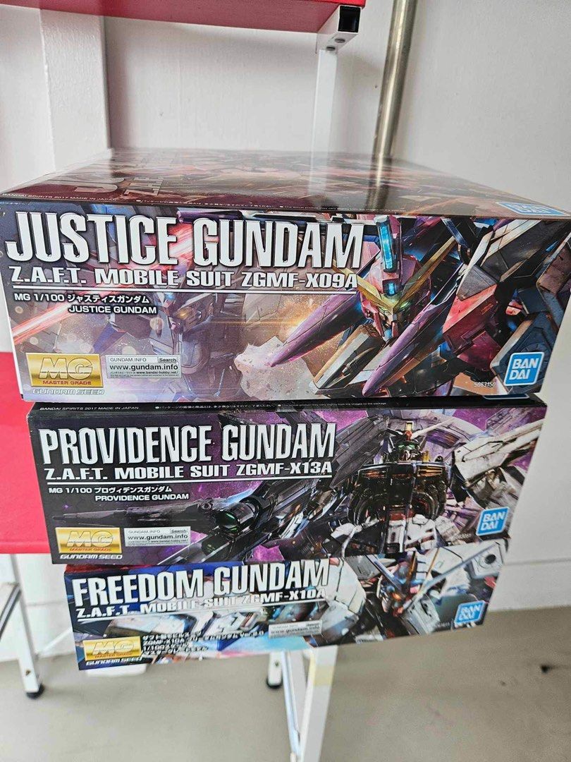 MG Freedom, Providence, Justice Gundam seed freedom 2.0 (Category: Gundam Model Kits) located in Singapore. Submitted by starystarrylight (Listing ID 1294026273, Image 2). Description: Get all 3 with water decal at 200 MG Freedom 2.0 Gundam, 70 MG Justice Gundam, 80 GMG Providence Gundam, 80 Water decal each, 8 Selling as a set with a discounted rate of 200, including water decal. Meet up location can be arranged. Else will be Choa Chu Kang/Lavan