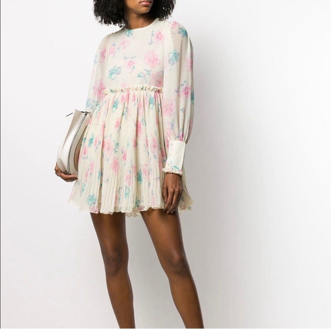 Size 40 NWOT Ganni Pleated Georgette Mini Dress in Afterglow Floral Women s Fashion Clothes on Carousell