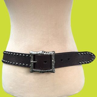 Setting Cracks Dark Brown Studded Leather Belt with Silver Square Buckle