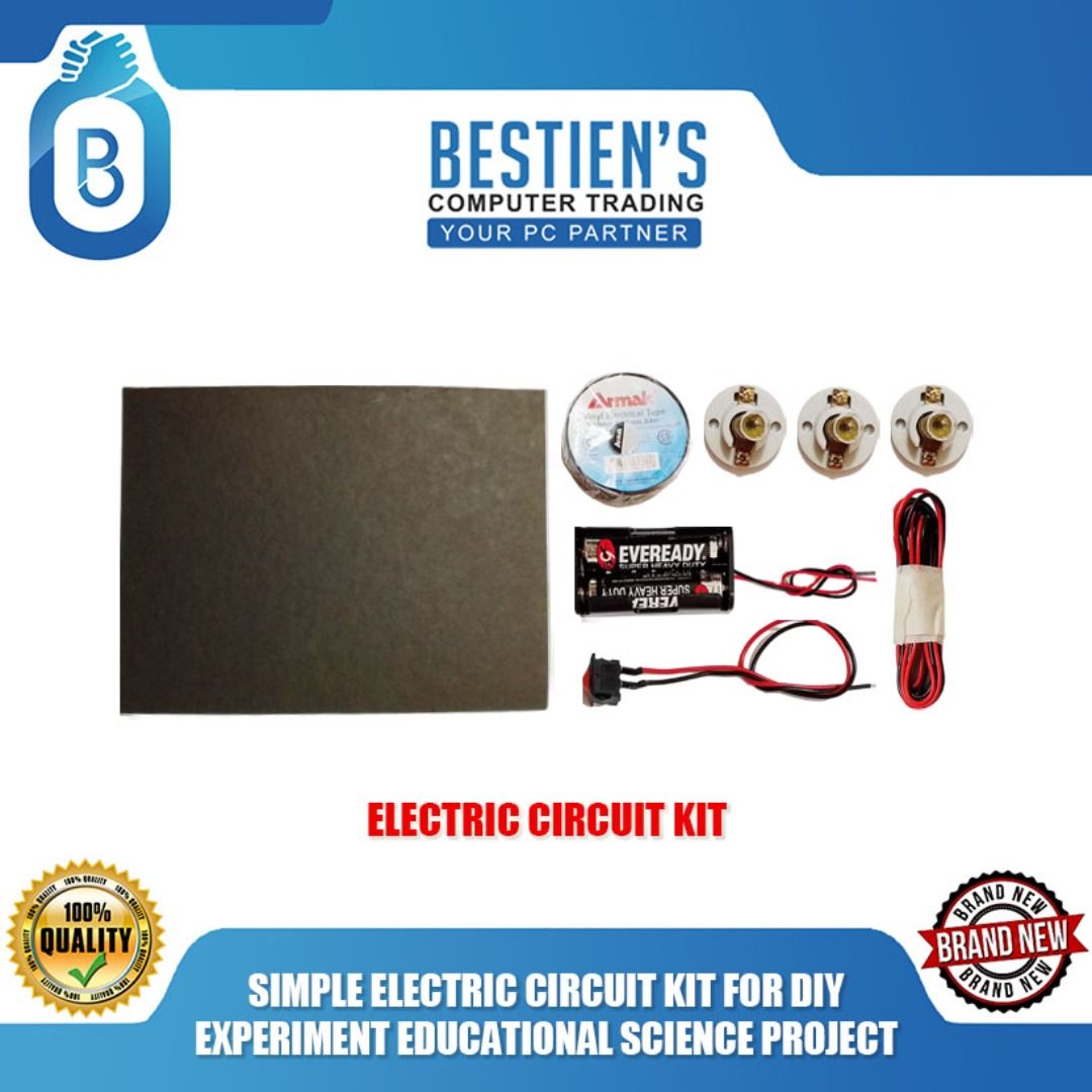 SIMPLE ELECTRIC CIRCUIT KIT FOR DIY EXPERIMENT EDUCATIONAL SCIENCE PROJECT (Category: Electrical, Adaptors & Sockets) located in Quezon City. Submitted by besteinpc (Listing ID 1293795831, Image 1). Description: SIMPLE ELECTRIC CIRCUIT KIT FOR DIY EXPERIMENT EDUCATIONAL SCIENCE PROJECT FEATURES: 👉a. 1pc Illustration Board (LxW)- 7.5x10inc 👉b. 3-set Mini bulb holder + Bulb 2.5v E-10 👉c. 2-pcs Eveready Double A battery with 2-slot Battery Holder