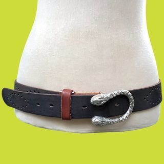 Vintage Double Headed Silver Snake Buckle Two-toned Leather Belt