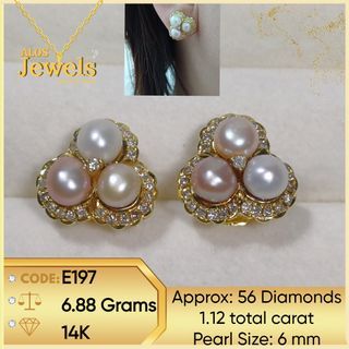 14K Gold Earrings with Real Natural Diamonds and Pearls
