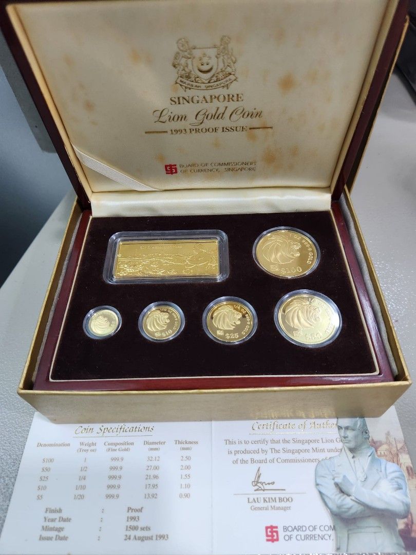 1.9Oz 1993 Singapore Mint Fine Gold Lion Bullion Coin Set (Rare
