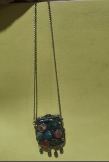 Antique  long locket necklace with semi precious gemstones