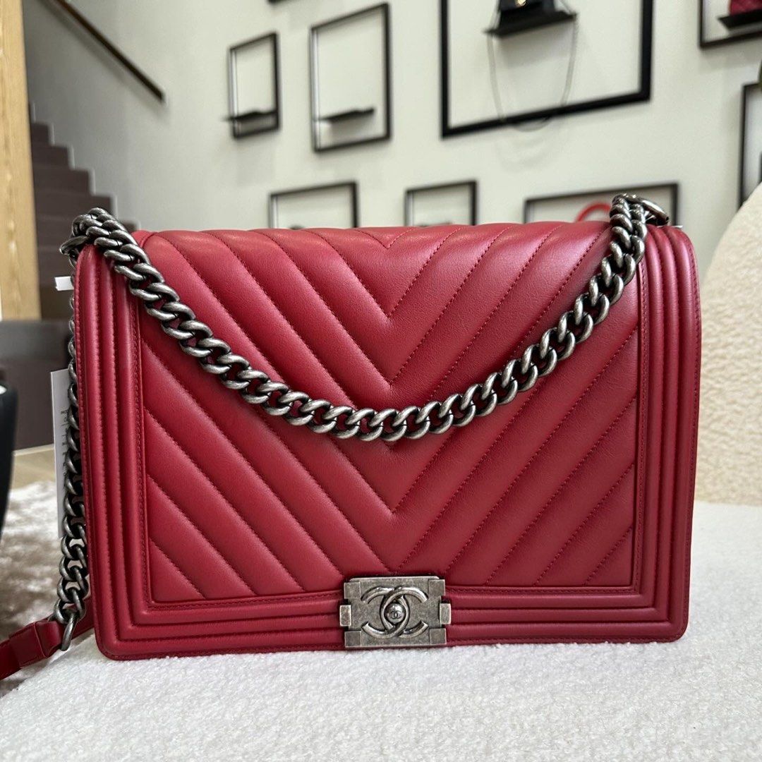 Chanel Maroon Calfksin Chevron Large Boy Flap RHW