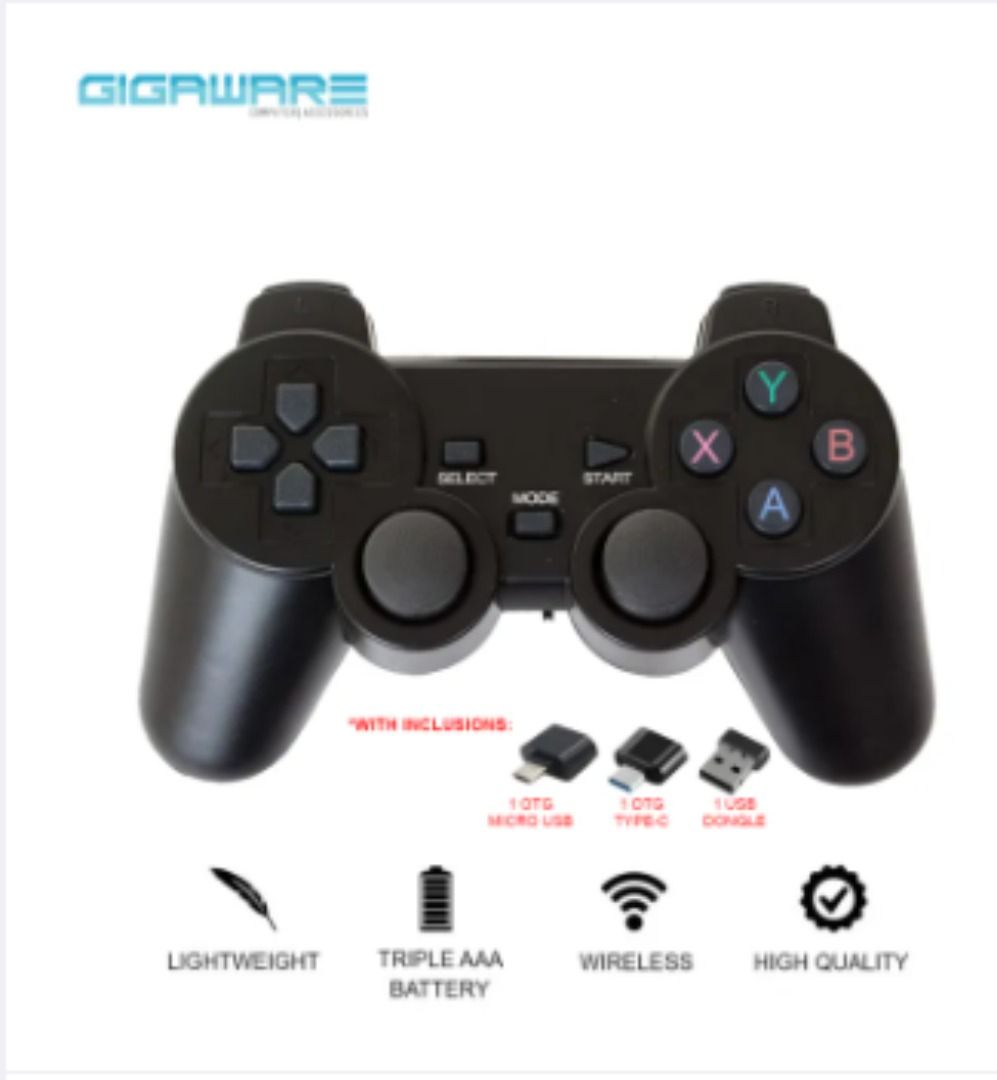 Gigaware 2.4 GHz Wireless Controller with 3 Dongles (Category: Controllers) located in Manila. Submitted by gigaware (Listing ID 1294119679, Image 1). Description: (SPECIFICATIONS) Brand: Gigaware Model: Smart Controller Game Pad Connection:2.4Ghz Dongle Compatibility: Android, Tablet, TV Box, Smart TV Buttons: 15 programmable buttons, 2 controller analogs Controller Size: 15x6x8.5cm Battery: 2pcs Triple A Batteries (AAA) *not included (PRODUCT I
