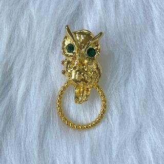 Japan Vintage Gold Tone Green Crystal Owl Pin Brooch