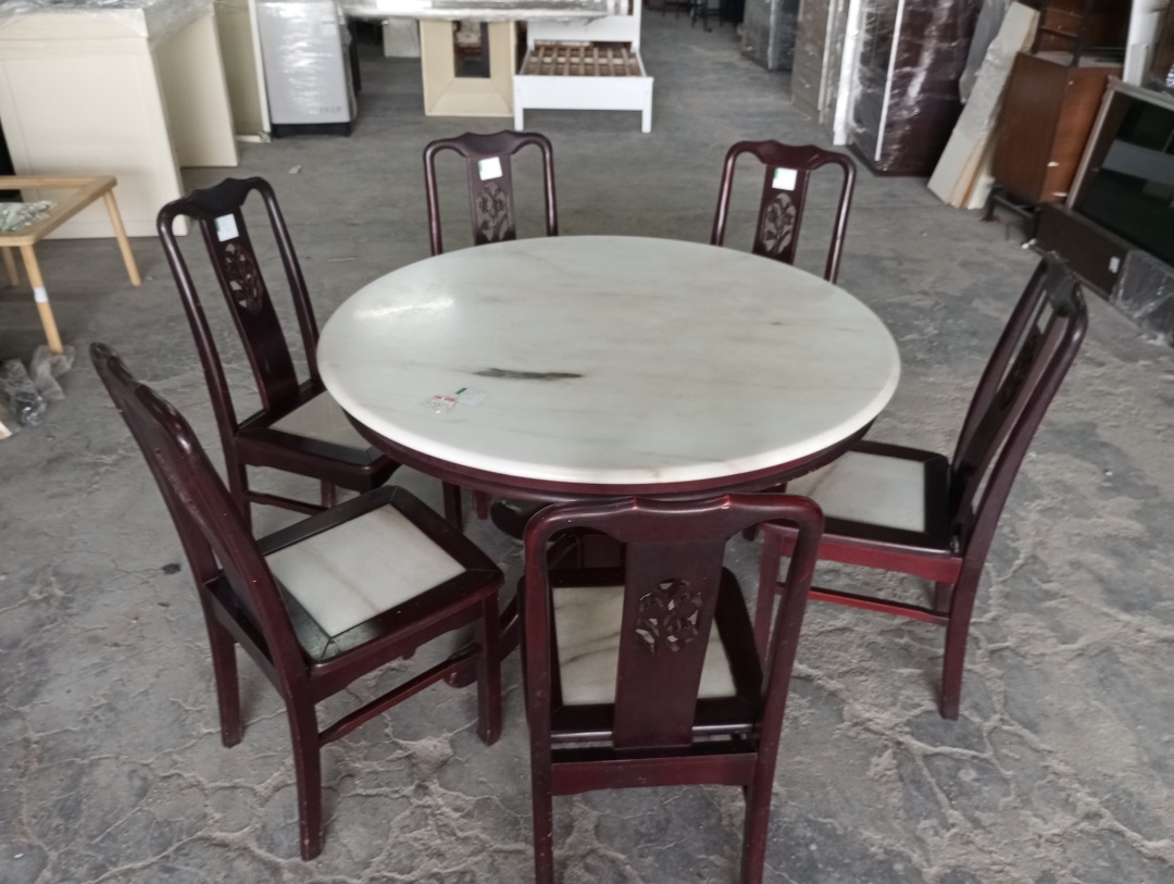 (SET) Kopitiam Solid Marble & Solid Wood Round 6-Seater Dining Table ...