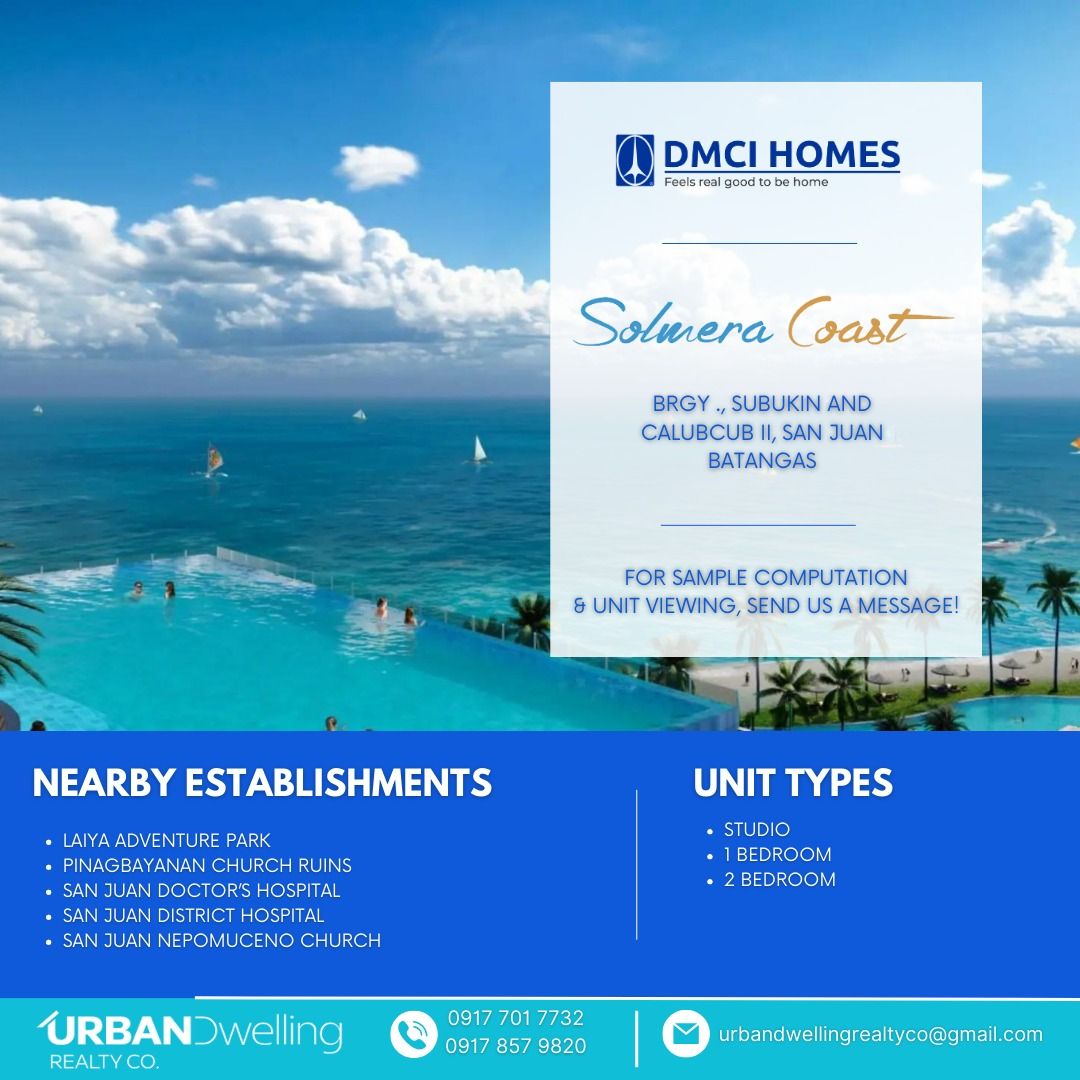 Studio Condo Unit, Solmera Coast, San Juan, Batangas (Category: Apartments & Condos) located in Las Pinas. Submitted by realestatebroker (Listing ID 1294163508, Image 2). Description: Studio Condo Unit, Solmera Coast, San Juan, Batangas Solmera Coast 📍Brgy., Subukin and Calubcub II, San Juan, Batangas 𝗡𝗘𝗔𝗥𝗕𝗬 𝗣𝗟𝗔𝗖𝗘𝗦: - Laiya Adventure Park - Pinagbayanan Church Ruins - San Juan Doctor's Hospital - San Juan District Hospital - San Juan