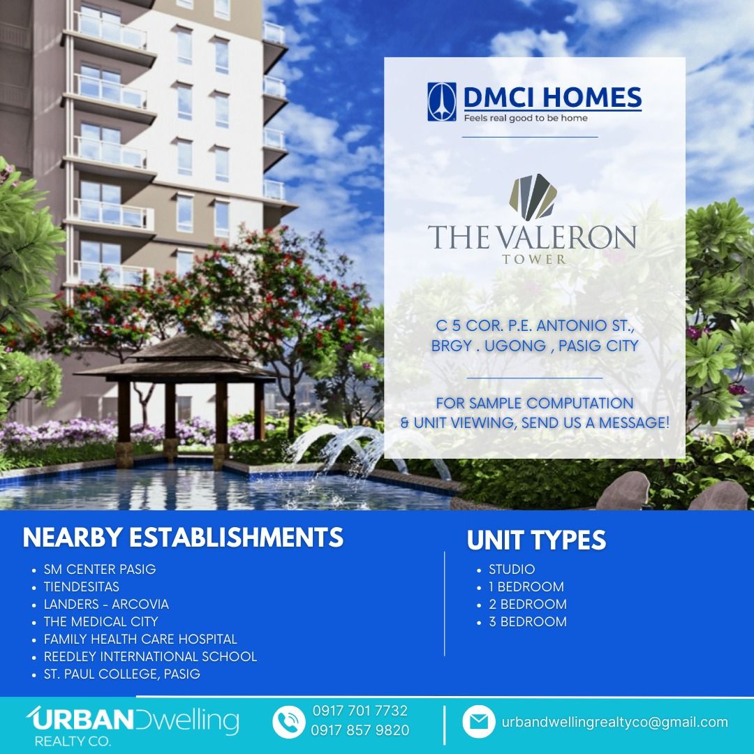 Studio Condo Unit, The Valeron Tower, Pasig City (Category: Apartments & Condos) located in Las Pinas. Submitted by realestatebroker (Listing ID 1294133656, Image 2). Description: Studio Condo Unit, The Valeron Tower, Pasig City The Valeron Tower 📍 C5 cor. P.E. Antonio St., Brgy. Ugong, Pasig City 𝗡𝗘𝗔𝗥𝗕𝗬 𝗣𝗟𝗔𝗖𝗘𝗦: - Tiendesitas - Arcovia - Bridgetown - Capitol Commons - Ortigas Cbd - BGC - Eastwood City Libis NEW PROJECT ALERT! Presell