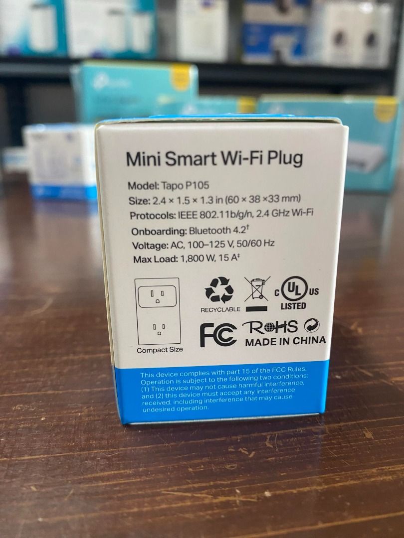 TP-Link Tapo P105 (1-pack) Mini Smart Wi-Fi Plug (Category: Electrical, Adaptors & Sockets) located in Pasig City. Submitted by technofuseofficial (Listing ID 1294166237, Image 2). Description: TP-Link Tapo P105 (1-pack) Mini Smart Wi-Fi Plug Wireless Type: 2.4 GHz Power Requirements: AC 100-240V~ 50/60 Hz Maximum Load: 1800W @240V~ 15 A (General Use / Resistive Load) Remote Control – Instantly turn connected devices on/off from wherever you are 