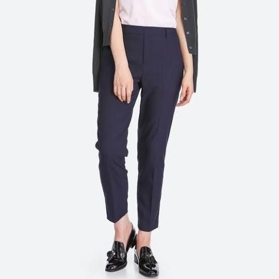 Uniqlo EZY Plaid Ankle Trouser Cropped Elastic Pants Women's M Pocket Navy