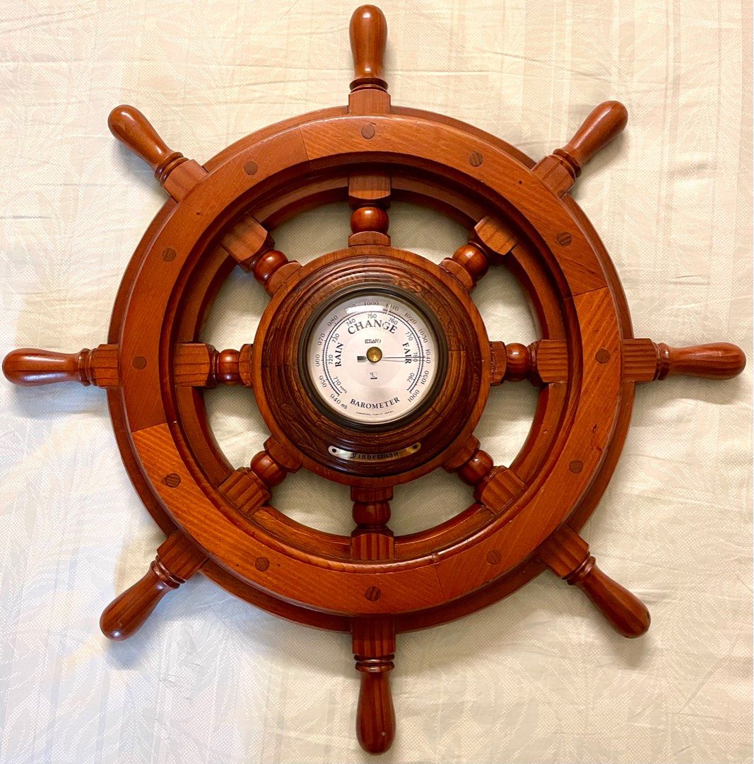 Vintage Japanese  FISHERMAN  Barometer On Solid Wood Ship Wheel by  Coropocl Tokyo Japan / Size: 53x53cms