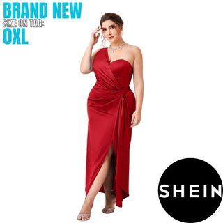 ‼️MOVING OUT SALE‼️ 0XL Brand New SHEIN Belle Red Plus One Shoulder Ruched Split Thigh Bridesmaid Formal Wedding Dress | Plus Size gown for events
