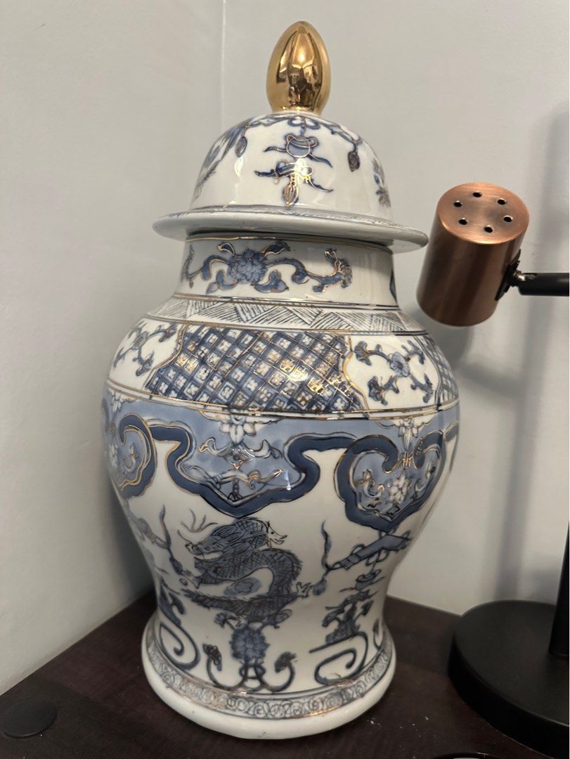 18 inches vintage ginger jar (Category: Vases & Decorative Bowls) located in San Juan City. Submitted by vmdln (Listing ID 1294364953, Image 2). Description: Big vase with cover Blue white with gold accent From our family’s collection Vintage/antique No cracks.