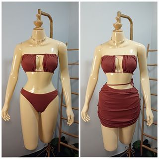 3in1 Swimsuit Two Piece Tube Padded Pastillas Top Bikini & Mini Skirt Rib Knit Rust Rare Swimwear (Large)