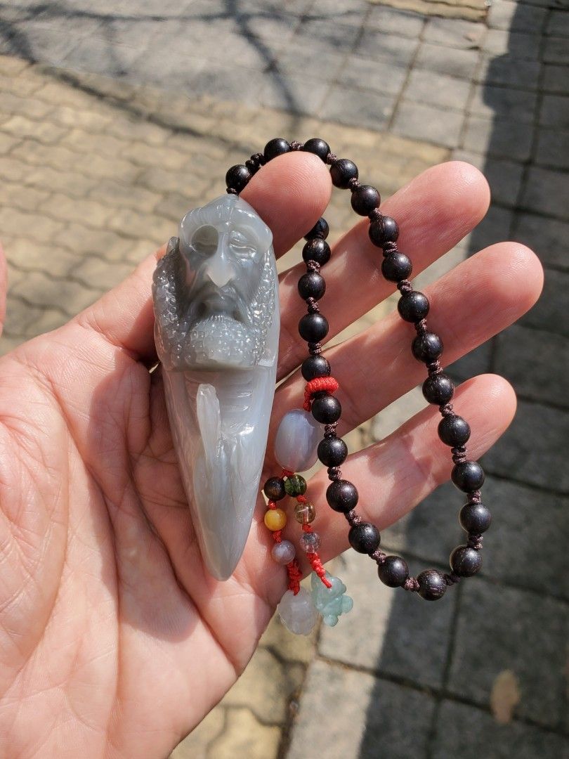 和田玉青海料煙灰色“達摩祖師”手把件/掛飾, 玩具收藏品, 紀念品及古董