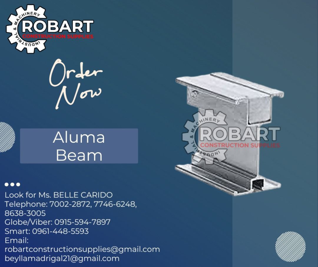 Aluma Beam (Category: Construction Tools & Equipment) located in Manila. Submitted by bellarobart (Listing ID 1294287920, Image 1). Description: Aluma Beam Size: 140mm Price: 890 / meter 𝑹𝑶𝑩𝑨𝑹𝑻 𝑪𝑶𝑵𝑺𝑻𝑹𝑼𝑪𝑻𝑰𝑶𝑵 𝑺𝑼𝑷𝑷𝑳𝑰𝑬𝑺 #RobartConstructionSupplies #robartph #constructionmaterials #industrialsupply Office Address: 1405 Yuseco St. Sta Cruz Manila SEND US MESSAGE FOR INQUIRIES ‼️‼️ 🔵100% Trusted Supplier 🔵Competitive Price 🔵