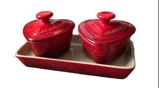 Auth Le Creuset Cherry Red Heart Shape Miniature Ramekin and Tray d'Amour Set H 2.7"